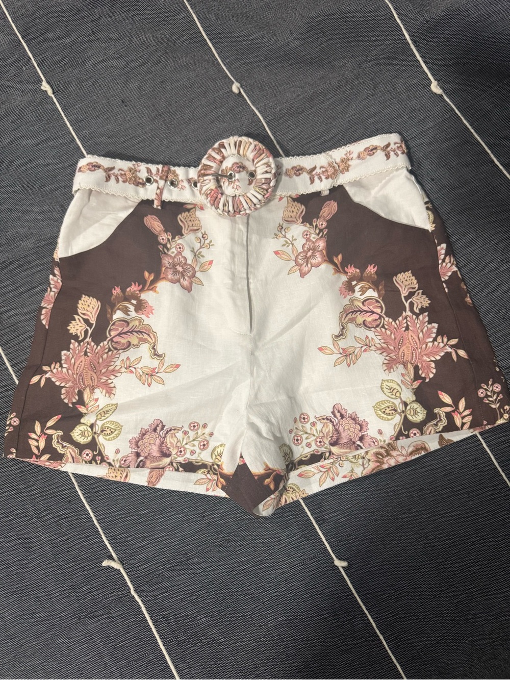 HEMANT & NANDITA White and Brown Floral High-Waist Shorts with Decorative Belt